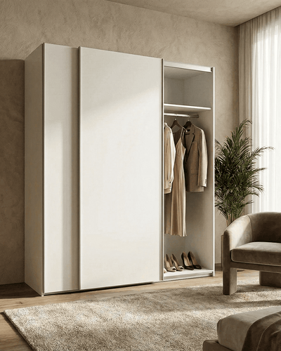 Armadio Siviglia - Guardaroba scorrevole moderno - 2 ante - Struttura bianca lucida - 2 ripiano incluso - L. 150 x H. 204 x P. 65 cm
