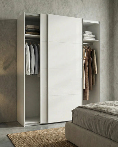Armadio Barcellona - Guardaroba scorrevole moderno - 2 ante - Struttura bianca lucida - 2 ripiano incluso - L. 180 x H. 204 x P. 65 cm