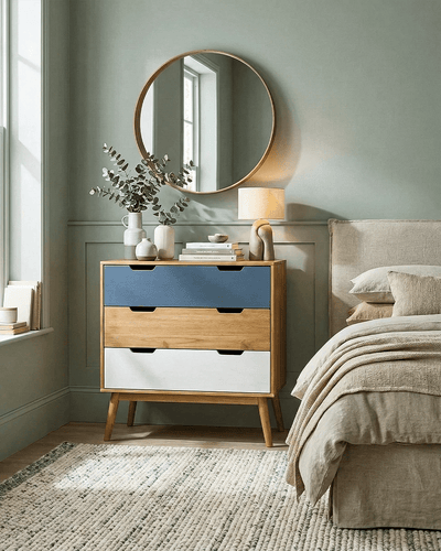 Comò Scuco - Mobile per camere, soggiorno e ingresso - 3 cassetti - L. 80 cm x H. 82 cm x P.40 cm - Rovere chiaro, grigio ardesia, bianco