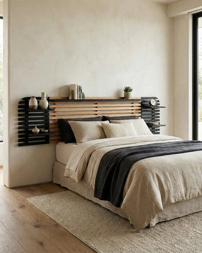 Testiera Massi - Testiera letto matrimoniale con mensole - Design moderno - Letto escluso - 240 x 62 x 23,5 cm - Color legno chiaro/Nero