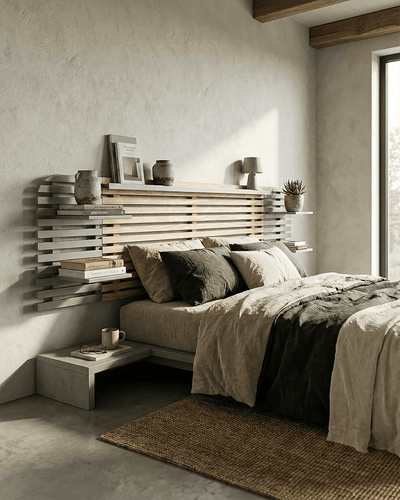 Testiera Midas - Testiera letto matrimoniale con mensole - Design moderno - Letto escluso - 240 x 62 x 23,5 cm - Color legno chiaro/grigio polvere