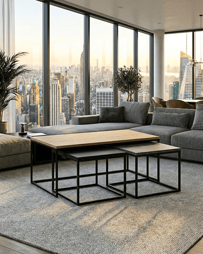 Tavolino Melica - Set di 3 tavolini a incastro - Design minimal moderno - Rovere/cemento/nero seta