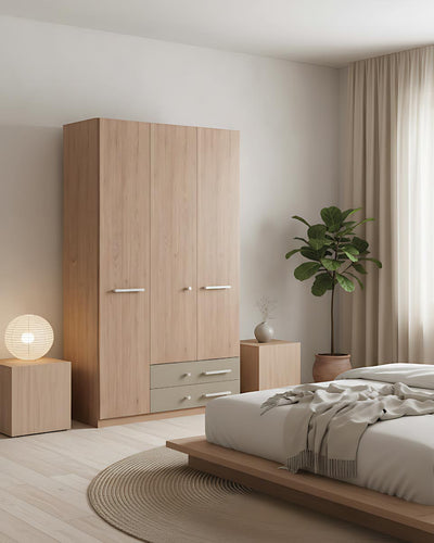 Armadio Maya H.230 - Guardaroba moderno - 3 ante 2 cassetti - 8 varianti colore personalizzabile - 1 ripiano regolabile incluso - Ripiani regolabili opzionali