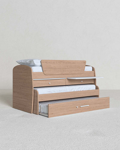 Letto attrezzato Bea - Letto salvaspazio moderno per cameretta - Con scrittoio e 2 letti inferiori estraibili - 7 varianti colore personalizzabili - Rete a doghe e scaletta inclusi