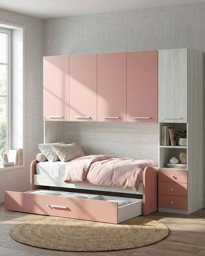 Cameretta a ponte Rebeka - Armadio a ponte salvaspazio - 5 ante 4 cassetti - 7 varianti colore personalizzabili - 247 L. x 230 H. x 50 P.