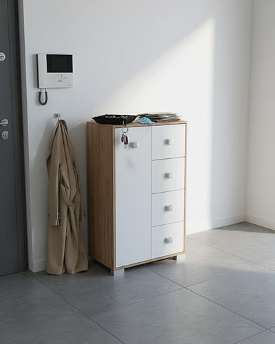 Mobile contenitore Fiore - Mobile multiuso 1 anta e 4 cassetti - Struttura virginia e anta bianca - 2 ripiani regolabile incluso - 81,5x111x47 cm