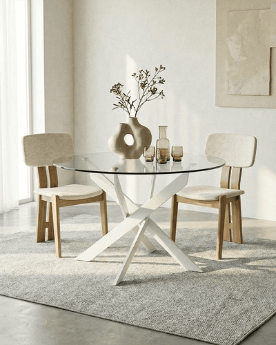 Tavolo Raffy - Tavolo rotondo per soggiorno e sala da pranzo - Design minimal moderno - Ø120 x H. 76 cm- Trasparente con gambe in metallo bianco