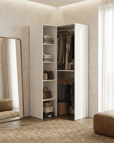 Armadio Hull - Guardaroba angolare a giorno - Struttura bianco - 5 ripiani inclusi - L. 79,5 x H. 185,5 x P. 88,5 cm
