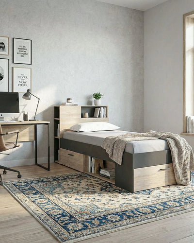 Letto SAVIREL con Contenitore e Testiera con Ripiani – Design Moderno Salvaspazio per Cameretta