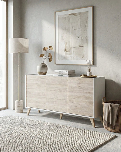 Madia SVEN – Credenza Moderna 3 Ante con Ripiani Regolabili Bianco e Olmo