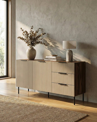 Madia Garry - Set Inva - Mobile soggiorno - 2 ante e 3 cassetti - L. 156 cm x H. 76 cm x P.42 cm - Chasmere/Noce