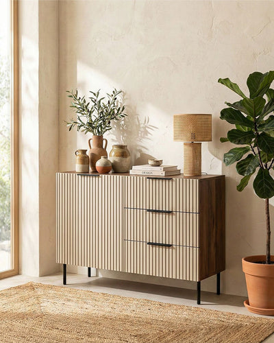 Madia Hamame - Set Inva - Mobile soggiorno - 1 anta e 3 cassetti - L. 105 cm x H. 76 cm x P.42 cm - Chasmere/Noce