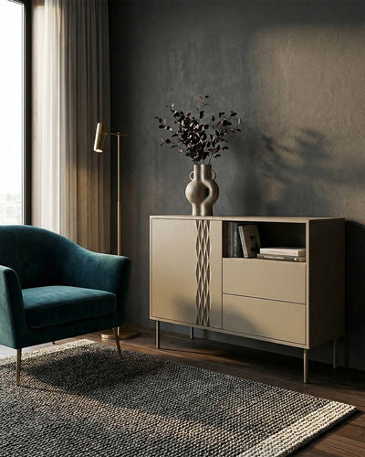 Madia Nerva - Set Braid - Mobile alto per soggiorno, moderno - 1 anta e 2 cassetti - L. 100 cm x H. 75 cm x P.40 cm - Cashmere