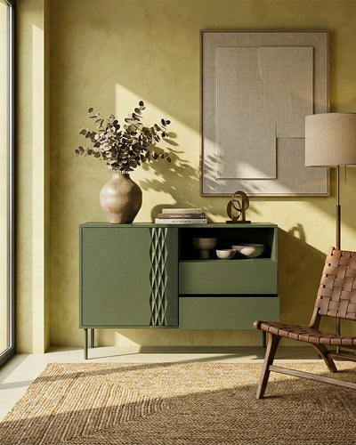 Madia Rili - Set Braid - Mobile alto per soggiorno, moderno - 1 anta e 2 cassetti - L. 100 cm x H. 75 cm x P.40 cm - Oliva