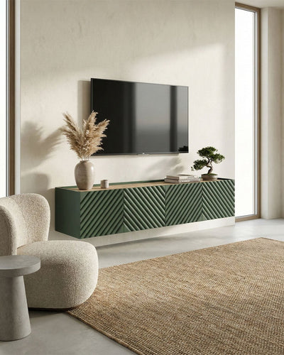Madia Coris - Set Marea - Mobile Tv sospeso moderno - 4 ante - L. 200 cm x H. 35 cm x P.40 cm - Verde