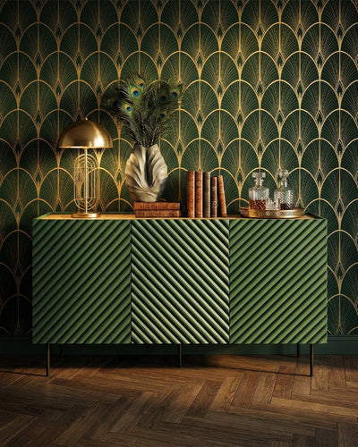 Madia Culteria - Set Marea - Mobile alto per soggiorno, moderno - 3 ante e 2 cassetti interni inclusi - L. 150 cm x H. 85 cm x P.45 cm - Verde, piedini color nero