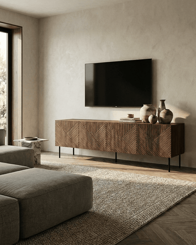 Madia Obsidian - Set Darc - Mobile Tv per soggiorno, contemporaneo - 4 ante - L. 190,5 cm x H. 58 cm x P. 40 cm - Ebano scuro