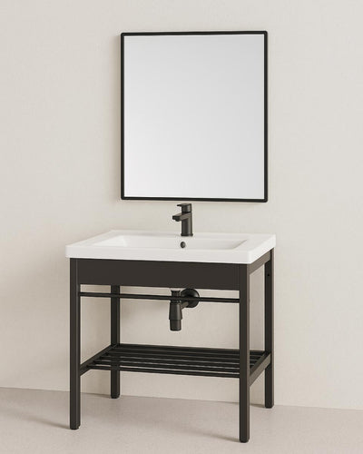 Mobile bagno Nexo - metallo nero opaco stile industrial 60cm - Lavabo in ceramica e specchio 50x70 inclusi - Design moderno