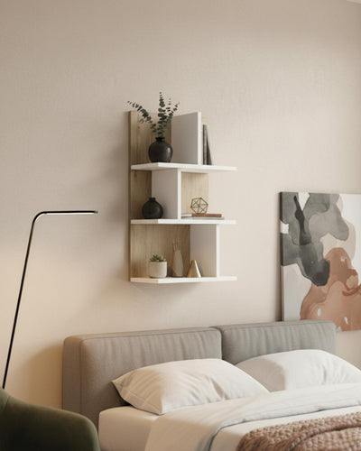 Libreria a muro verticale Polira - Scaffale pensile 4 ripiani sfalsati in truciolato - 5 varianti colore mensole - Design moderno