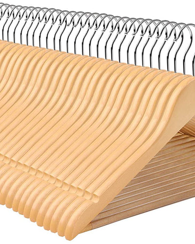 Set di 8 Grucce in Legno Massello, con Barra Appendiabiti Antiscivolo, Scanalature per Spalline, Gancio Girevole a 360°, per Cappotti Completi Gonne Camicie Pantaloni, Naturale