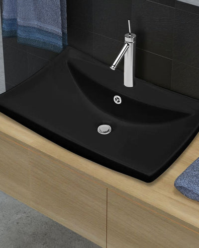 Lavabo Nero Ceramica Lusso Rettangolare Foro Trabocco Foro Rubinetto