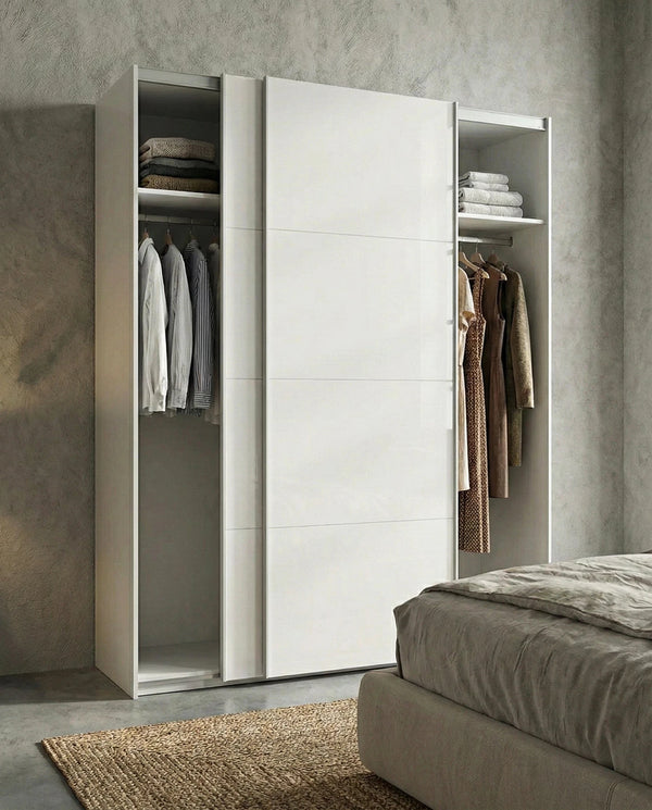 Armadio Barcellona - Guardaroba scorrevole moderno - 2 ante - Struttura bianca lucida - 2 ripiano incluso - L. 180 x H. 204 x P. 65 cm - doomostore