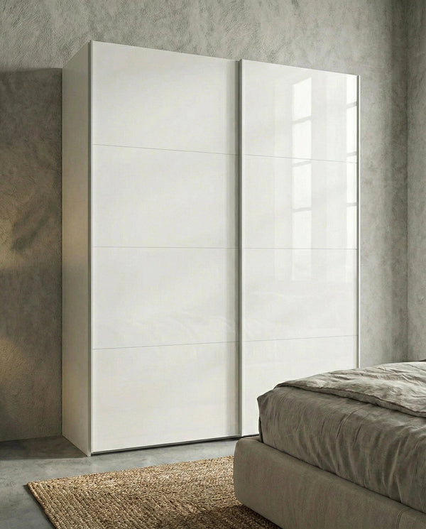 Armadio Barcellona - Guardaroba scorrevole moderno - 2 ante - Struttura bianca lucida - 2 ripiano incluso - L. 180 x H. 204 x P. 65 cm - doomostore
