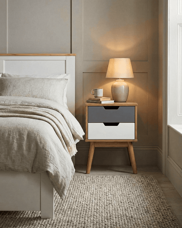 Comodino Schino - Mobile per camere, zona relax - 2 cassetti - L. 40 cm x H. 52 cm x P.40 cm - Rovere chiaro, avio, bianco - doomostore
