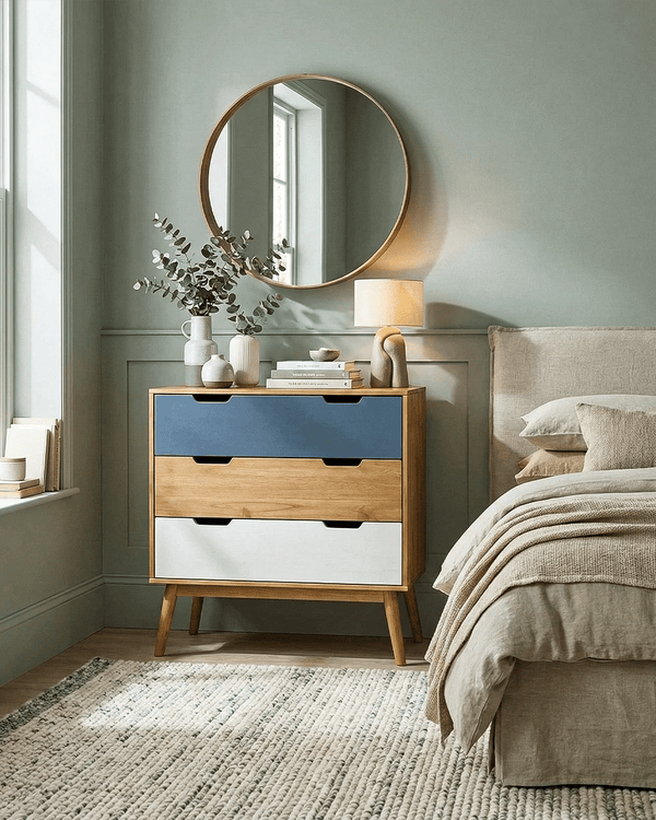 Comò Scuco - Mobile per camere, soggiorno e ingresso - 3 cassetti - L. 80 cm x H. 82 cm x P.40 cm - Rovere chiaro, avio, bianco - doomostore