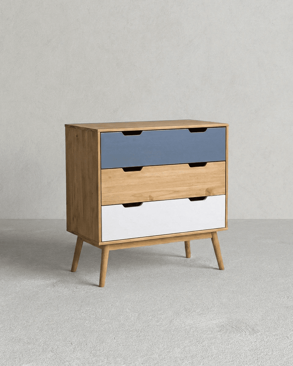 Comò Scuco - Mobile per camere, soggiorno e ingresso - 3 cassetti - L. 80 cm x H. 82 cm x P.40 cm - Rovere chiaro, avio, bianco - doomostore