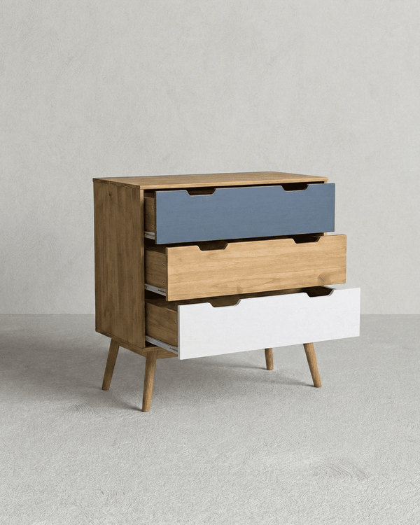Comò Scuco - Mobile per camere, soggiorno e ingresso - 3 cassetti - L. 80 cm x H. 82 cm x P.40 cm - Rovere chiaro, avio, bianco - doomostore