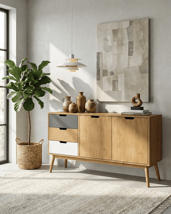 Madia Cisco - Mobile per soggiorno e ingresso - 2 ante 3 cassetti - L. 140 cm x H. 81 cm x P.40 cm - Rovere chiaro, bianco, grigio ardesia - doomostore