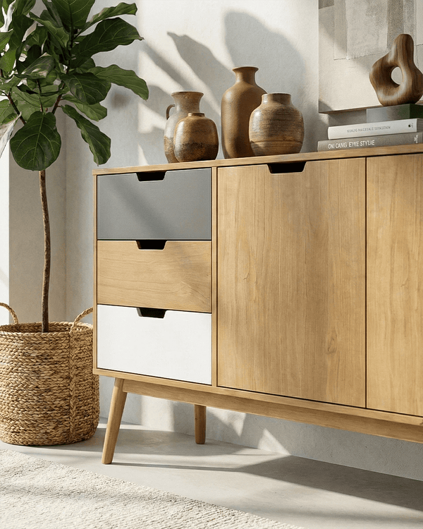 Madia Cisco - Mobile per soggiorno e ingresso - 2 ante 3 cassetti - L. 140 cm x H. 81 cm x P.40 cm - Rovere chiaro, bianco, grigio ardesia - doomostore