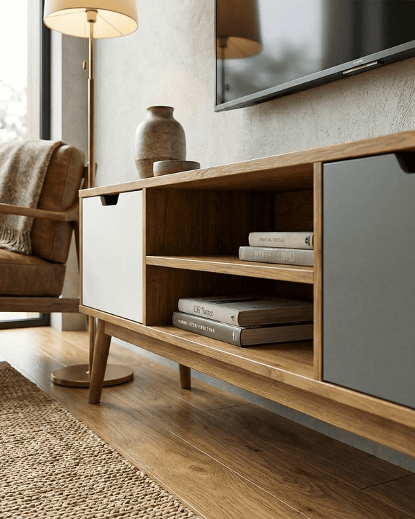 Madia Casco - Mobile TV per soggiorno, moderno - 2 ante con vano a giorno - L. 140 m x H. 52,5 cm x P.40 cm - Rovere chiaro, antracite e bianco - doomostore