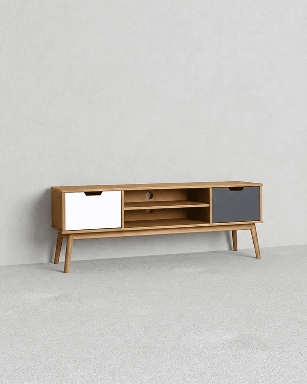 Madia Casco - Mobile TV per soggiorno, moderno - 2 ante con vano a giorno - L. 140 m x H. 52,5 cm x P.40 cm - Rovere chiaro, antracite e bianco - doomostore