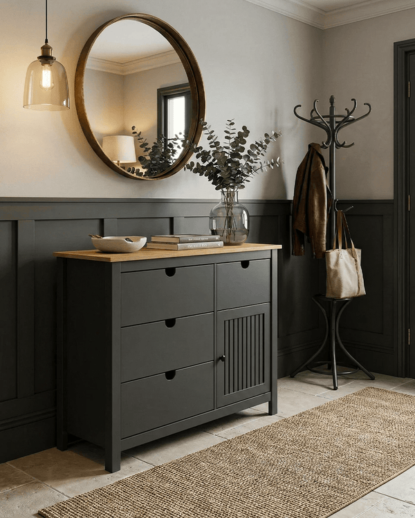 Comò Stufo - Mobile per camere, soggiorno e ingresso - 4 cassetti e 1 anta - L. 100 cm x H. 80 cm x P.40 cm - Rovere chiaro, antracite - doomostore