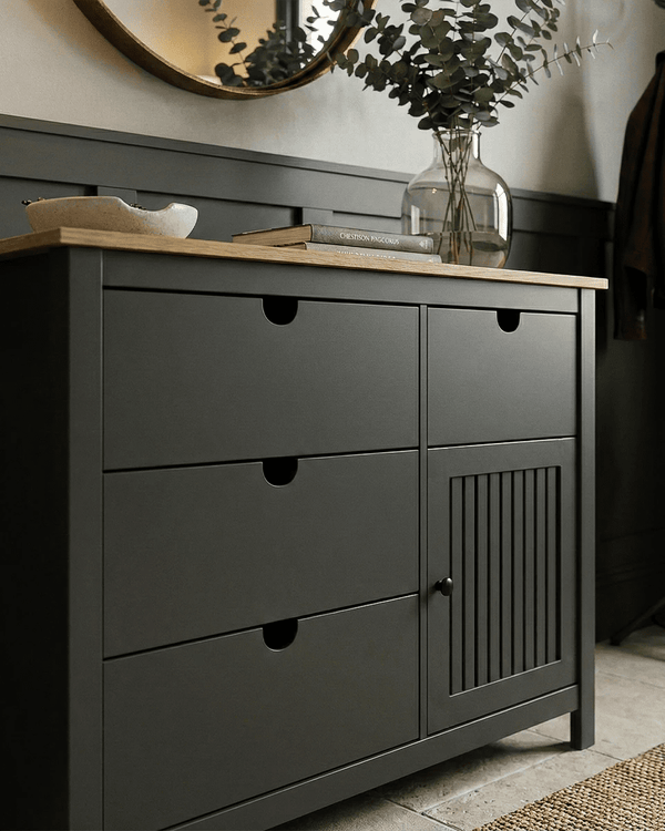 Comò Stufo - Mobile per camere, soggiorno e ingresso - 4 cassetti e 1 anta - L. 100 cm x H. 80 cm x P.40 cm - Rovere chiaro, antracite - doomostore