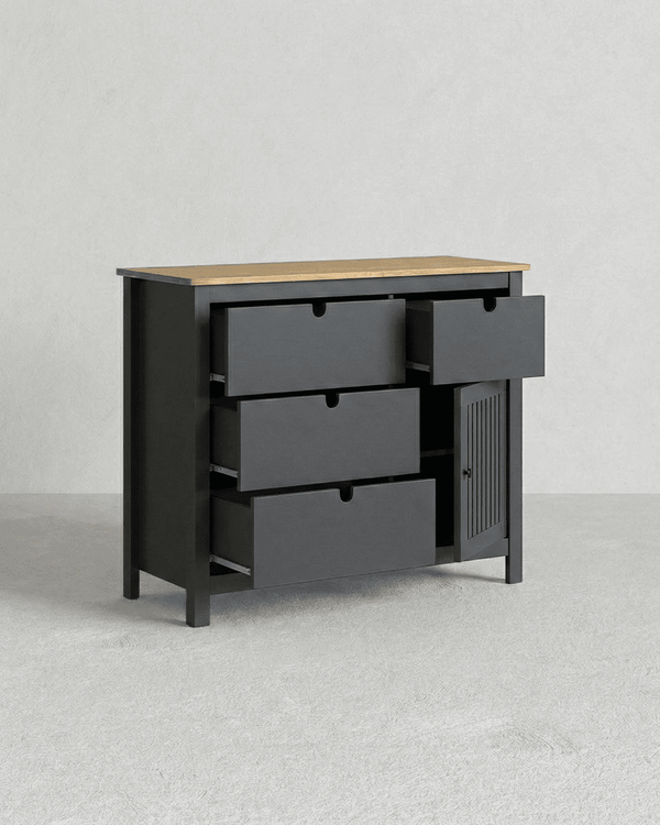 Comò Stufo - Mobile per camere, soggiorno e ingresso - 4 cassetti e 1 anta - L. 100 cm x H. 80 cm x P.40 cm - Rovere chiaro, antracite - doomostore