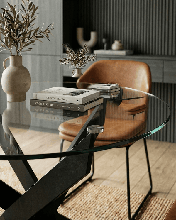 Tavolo Ruff - Tavolo rotondo per soggiorno e sala da pranzo - Design minimal moderno - Ø120 x H. 76 cm - Trasparente con gambe in metallo nero - doomostore