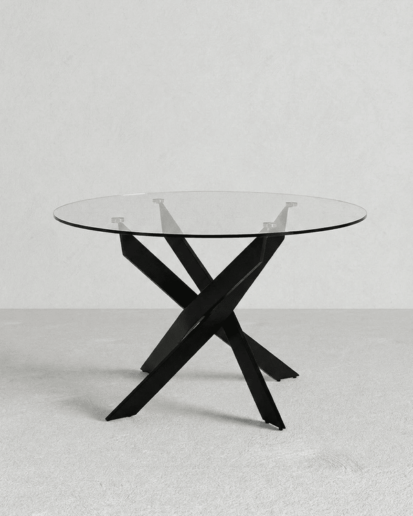Tavolo Ruff - Tavolo rotondo per soggiorno e sala da pranzo - Design minimal moderno - Ø120 x H. 76 cm - Trasparente con gambe in metallo nero - doomostore