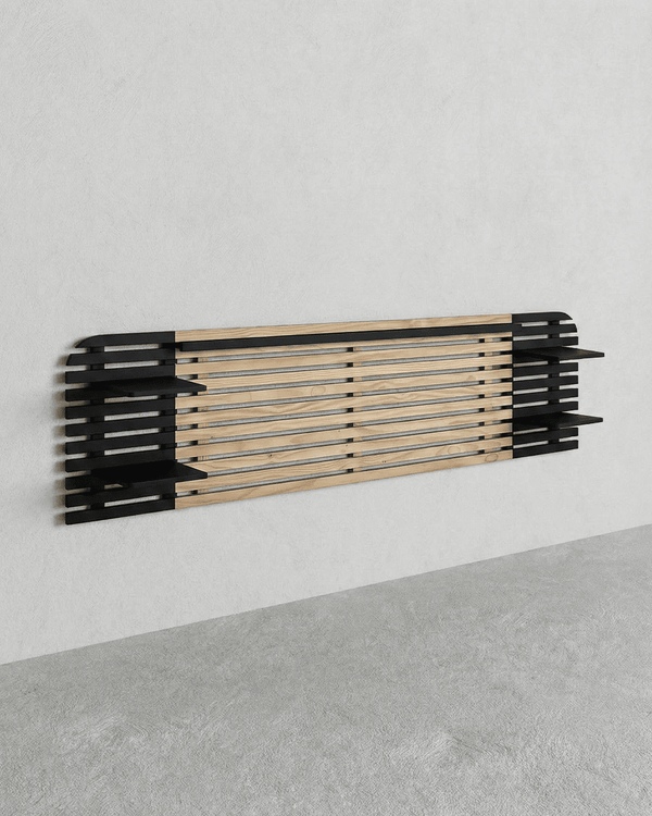 Testiera Massi - Testiera letto matrimoniale con mensole - Design moderno - Letto escluso - 240 x 62 x 23,5 cm - Color legno chiaro/Nero - doomostore