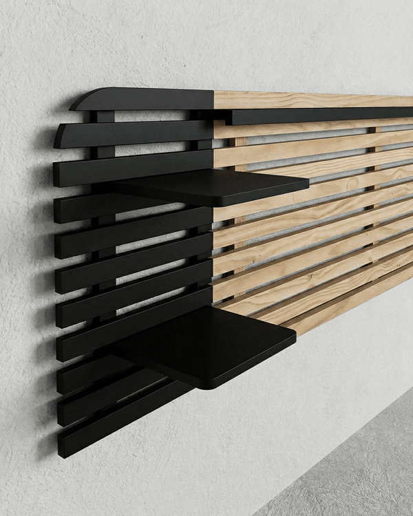 Testiera Massi - Testiera letto matrimoniale con mensole - Design moderno - Letto escluso - 240 x 62 x 23,5 cm - Color legno chiaro/Nero - doomostore