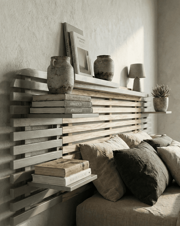 Testiera Midas - Testiera letto matrimoniale con mensole - Design moderno - Letto escluso - 240 x 62 x 23,5 cm - Color legno chiaro/grigio polvere - doomostore