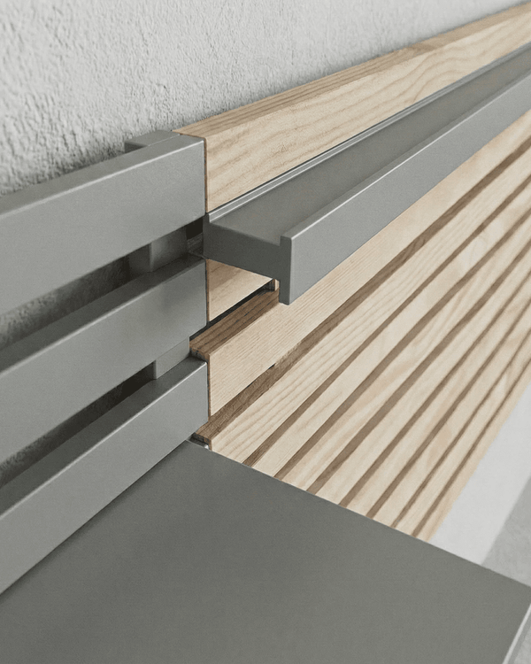 Testiera Midas - Testiera letto matrimoniale con mensole - Design moderno - Letto escluso - 240 x 62 x 23,5 cm - Color legno chiaro/grigio polvere - doomostore