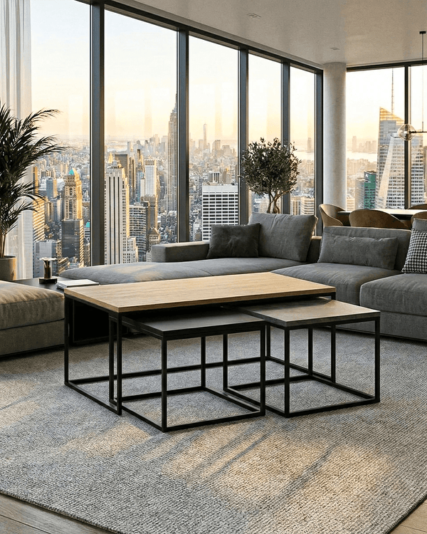 Tavolino Melica - Set di 3 tavolini a incastro - Design minimal moderno - Rovere/cemento/nero seta - doomostore