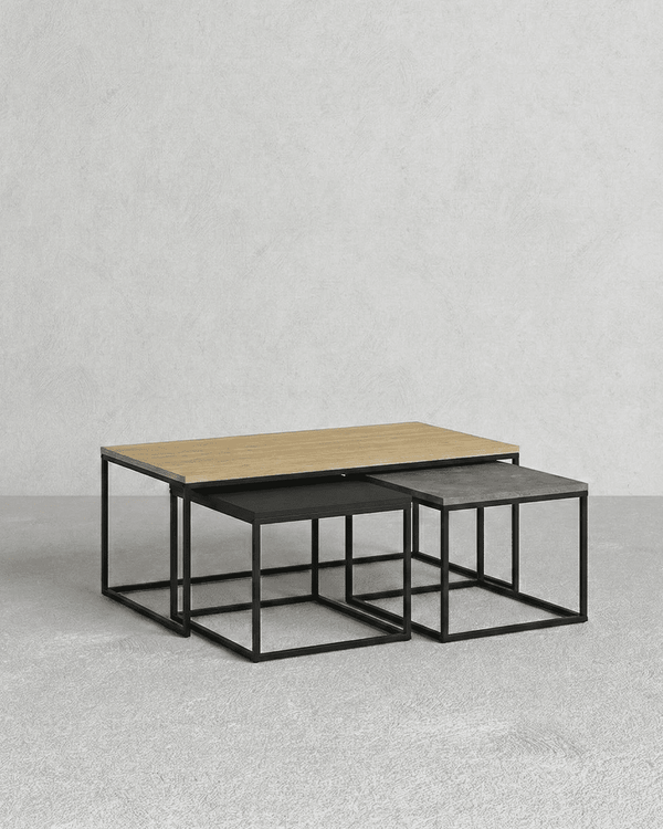 Tavolino Melica - Set di 3 tavolini a incastro - Design minimal moderno - Rovere/cemento/nero seta - doomostore