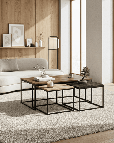 Tavolino Melacia - Set di 3 tavolini a incastro - Design minimal moderno - Noce/rovere/ebano