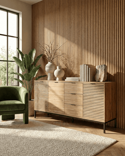 Madia Rila - Mobile per soggiorno e ingresso - 3 ante 3 cassetti - L. 180 cm x H. 80 cm x P.40 cm - Rovere chiaro