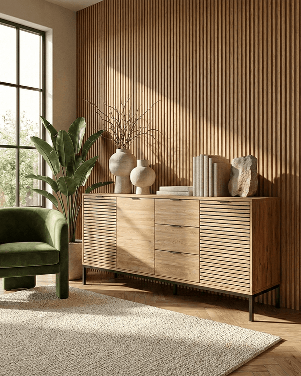 Madia Rila - Mobile per soggiorno e ingresso - 3 ante 3 cassetti - L. 180 cm x H. 80 cm x P.40 cm - Rovere chiaro - doomostore