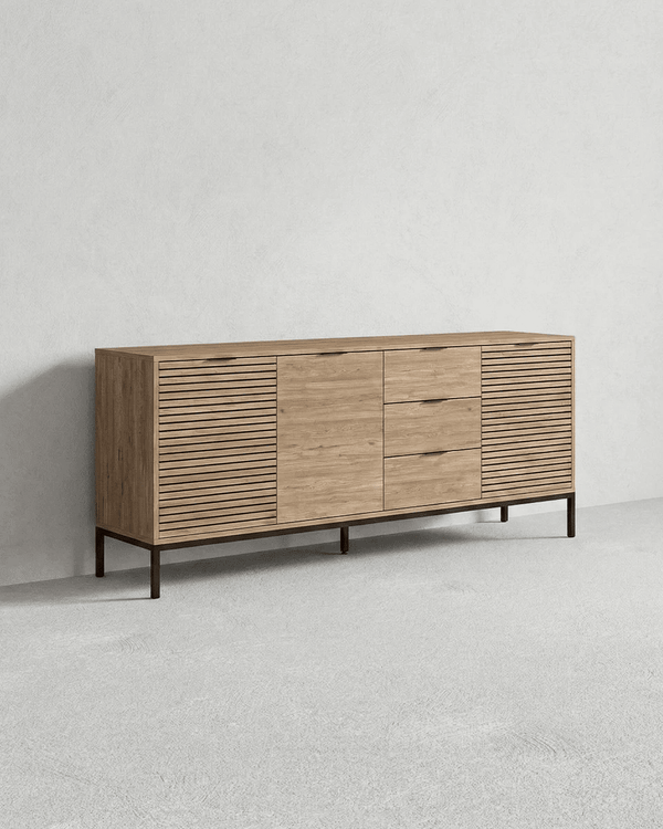 Madia Rila - Mobile per soggiorno e ingresso - 3 ante 3 cassetti - L. 180 cm x H. 80 cm x P.40 cm - Rovere chiaro - doomostore